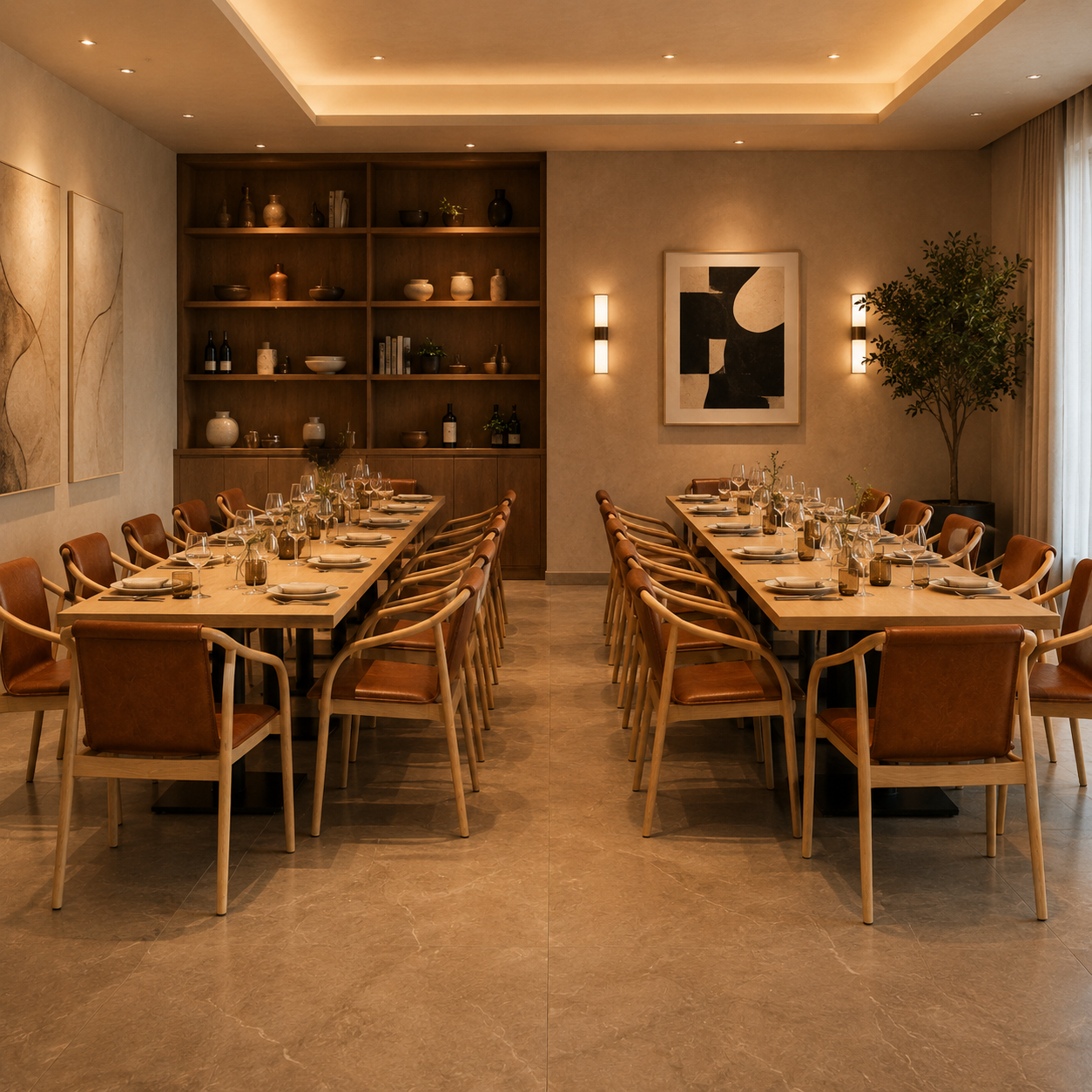 Modern restaurant tables and metal dining chairs